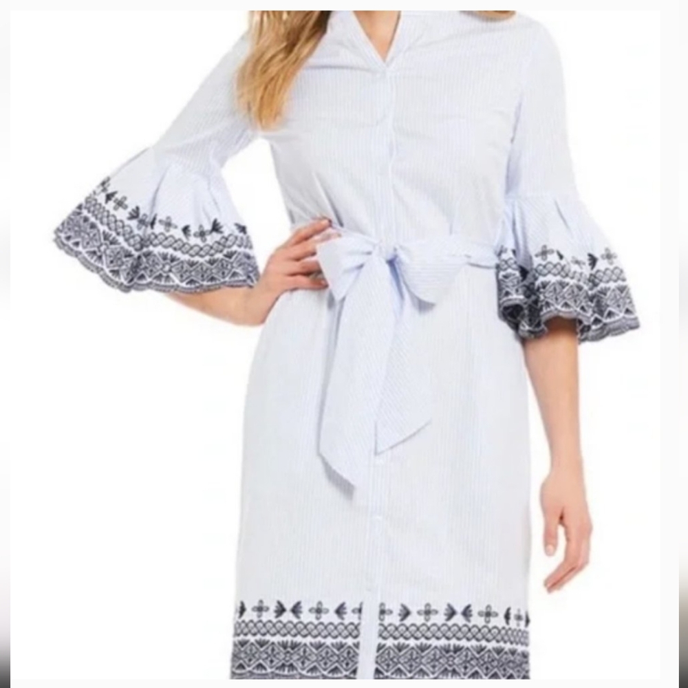 Cremieux Pinstripe Shirt dress with embroidered details, size 6